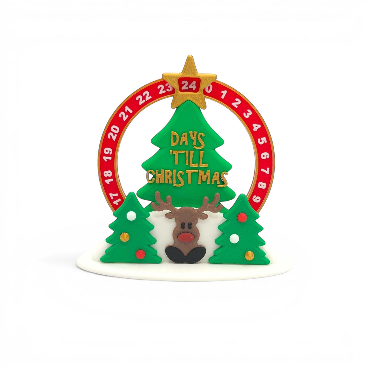 Christmas advent rotating calendar with reindeer and trees. Numbers 0-24 track days till Christmas.