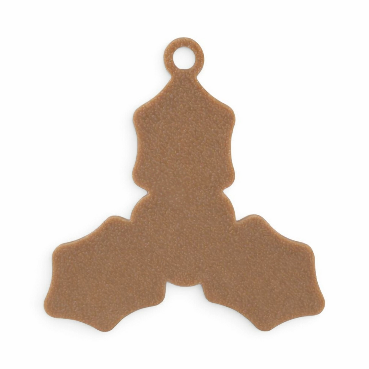 brown gingerbread holly leaf Christmas ornament made from durable PLA plastic with hanging loop.