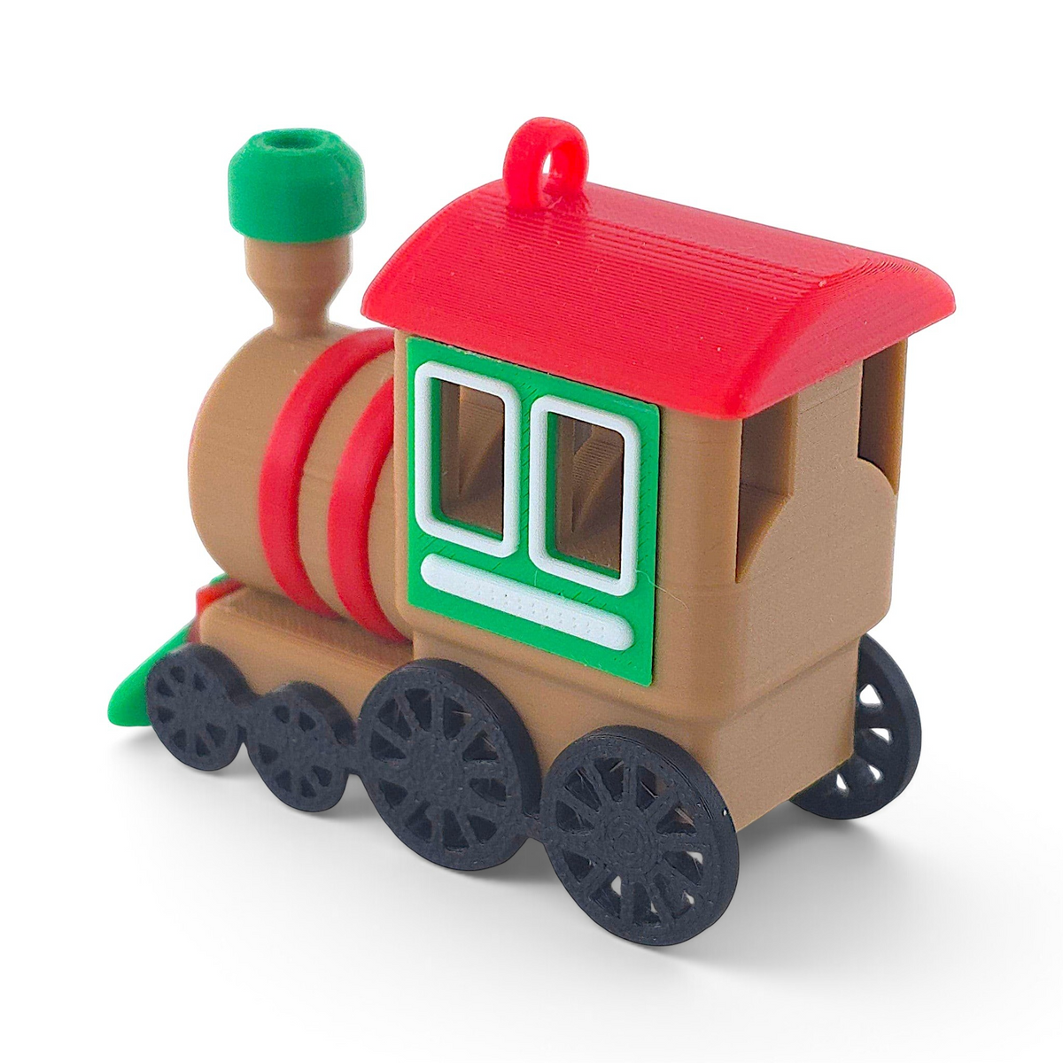 gingerbread train Christmas ornament in brown, red, and green PLA plastic with a hanging loop.