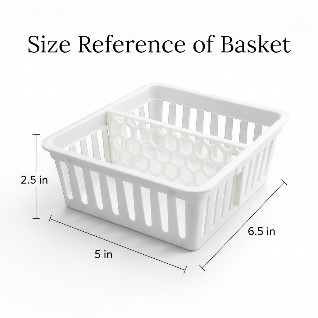 White honeycomb 3d plastic storage basket divider inside a small rectangular organizer bin