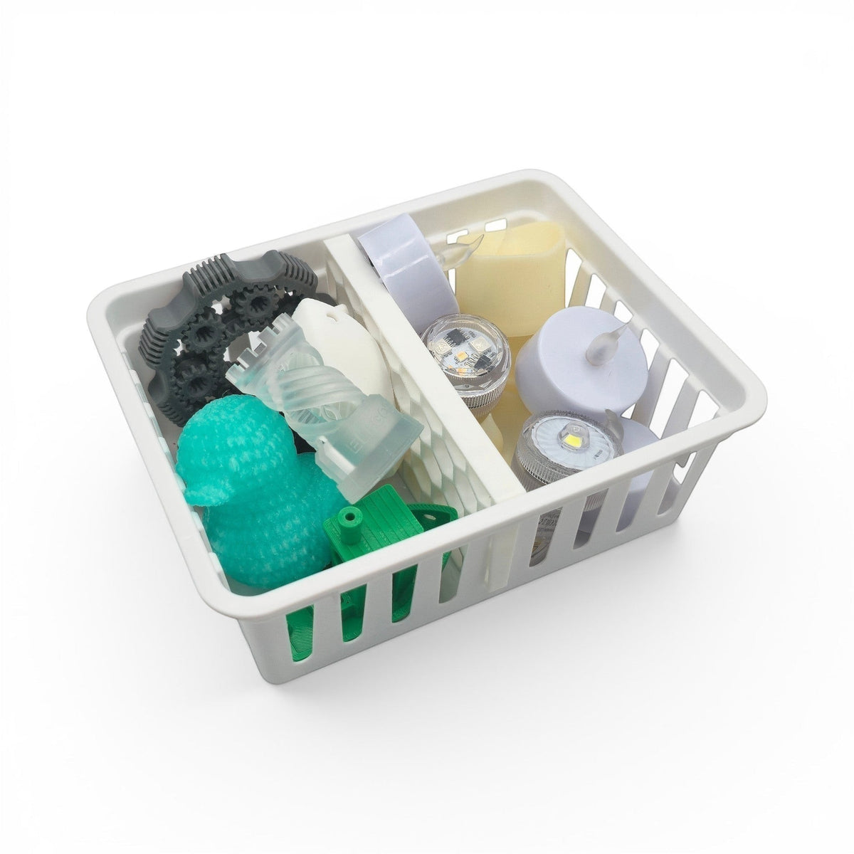 white honeycomb storage basket dividers organizing various small craft items and LED lights. Top view of basket filled with one divider.