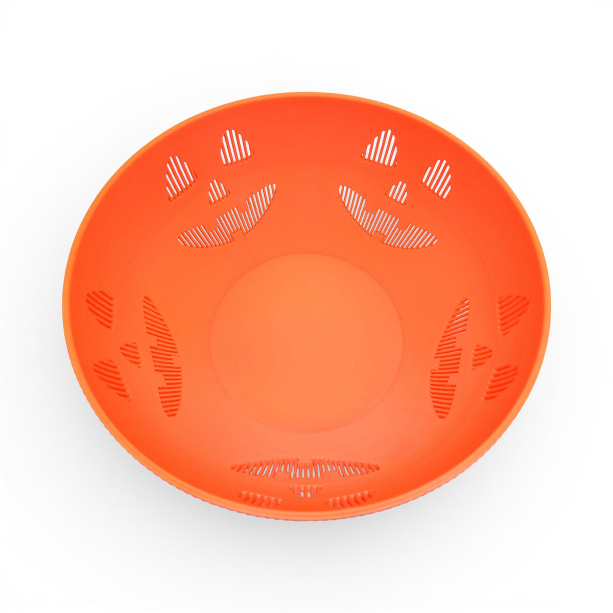 Orange PLA plastic Jack-o'-lantern candy bowl with carved face details, perfect for Halloween. Top down of bowl, empty.