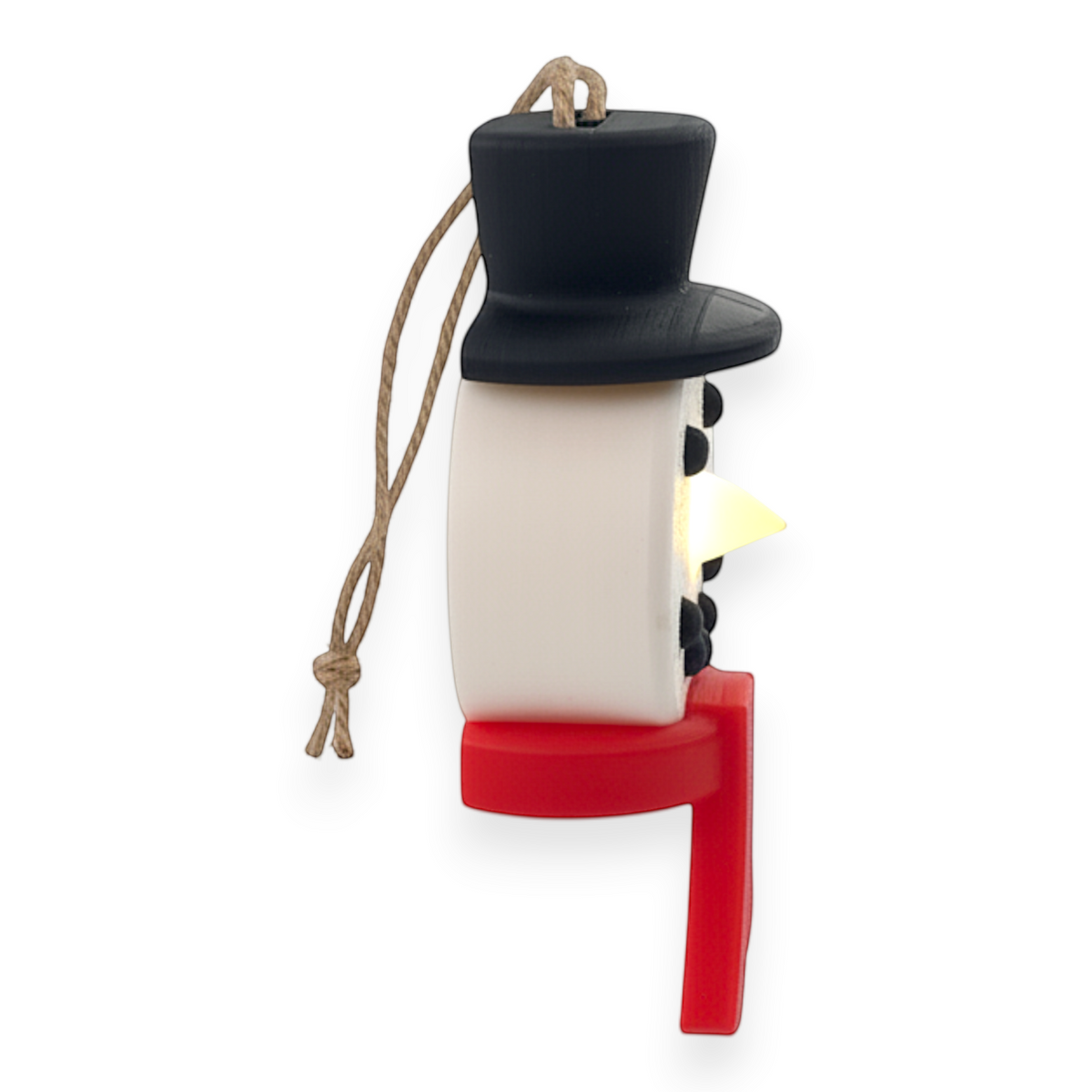 snowman tea light ornament with a black top hat, red scarf, and glowing yellow nose