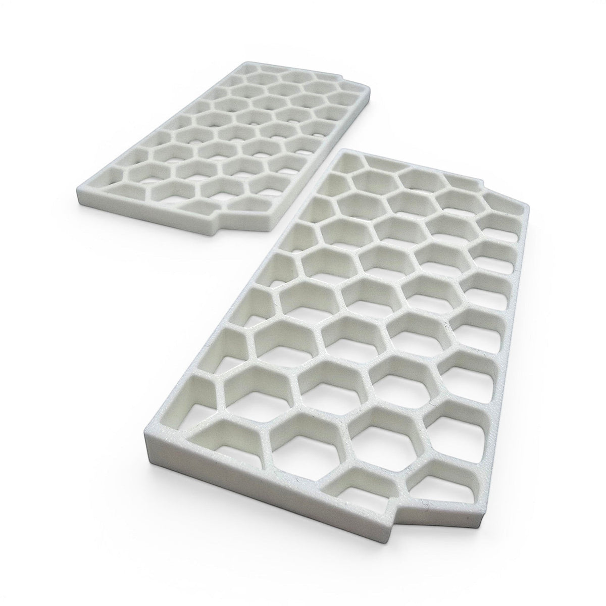 white honeycomb storage basket dividers for organized pantry and home storage solutions. No basket, just two dividers side by side.