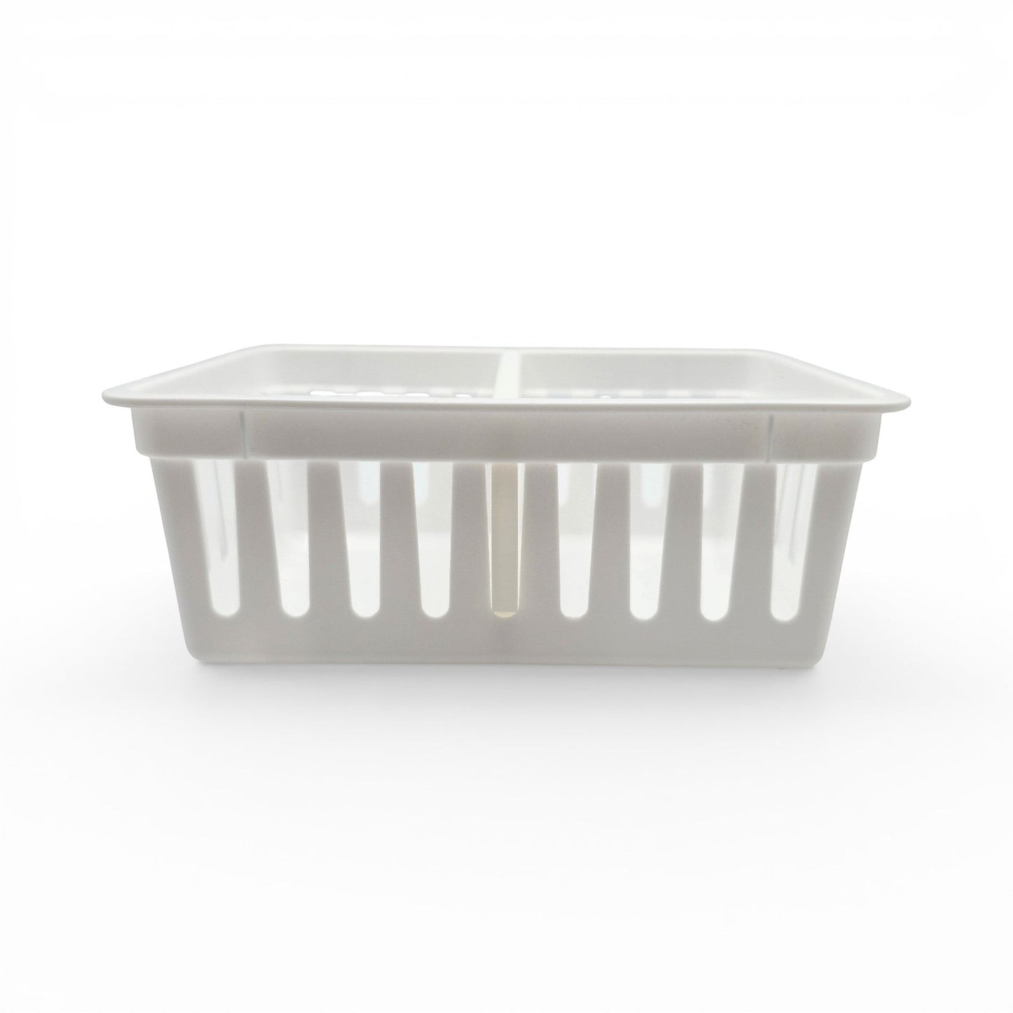 white plastic storage basket divider with a slatted design for home organization. Front view of basket with one divider.