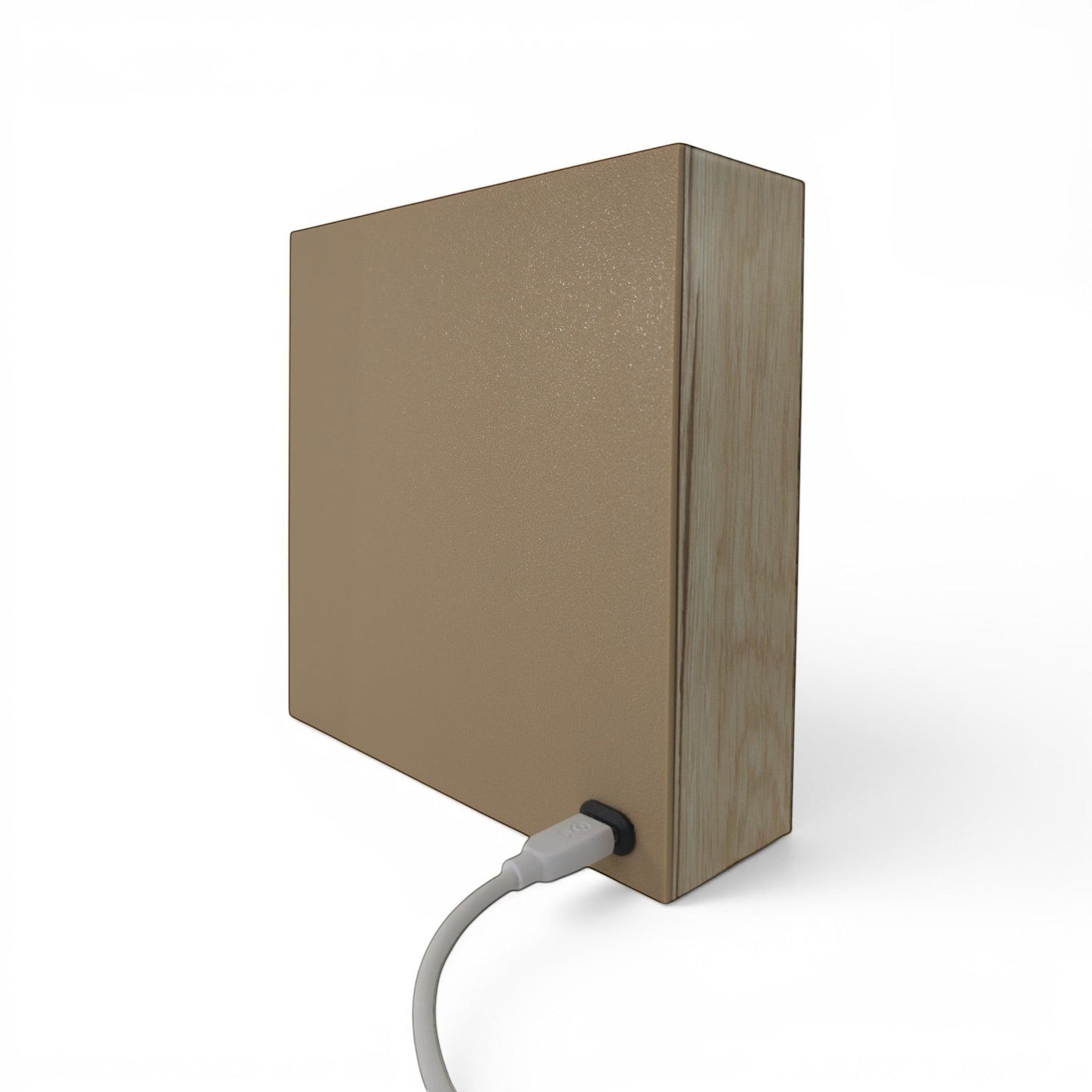 Christmas light box with warm white LED, USB-C powered, beige textured front and wood grain side. Back right corner.