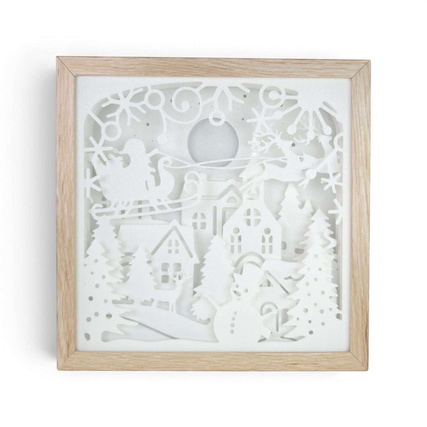 Christmas light box with Santa in sleigh, snowman, trees, and village scene. Direct front image.