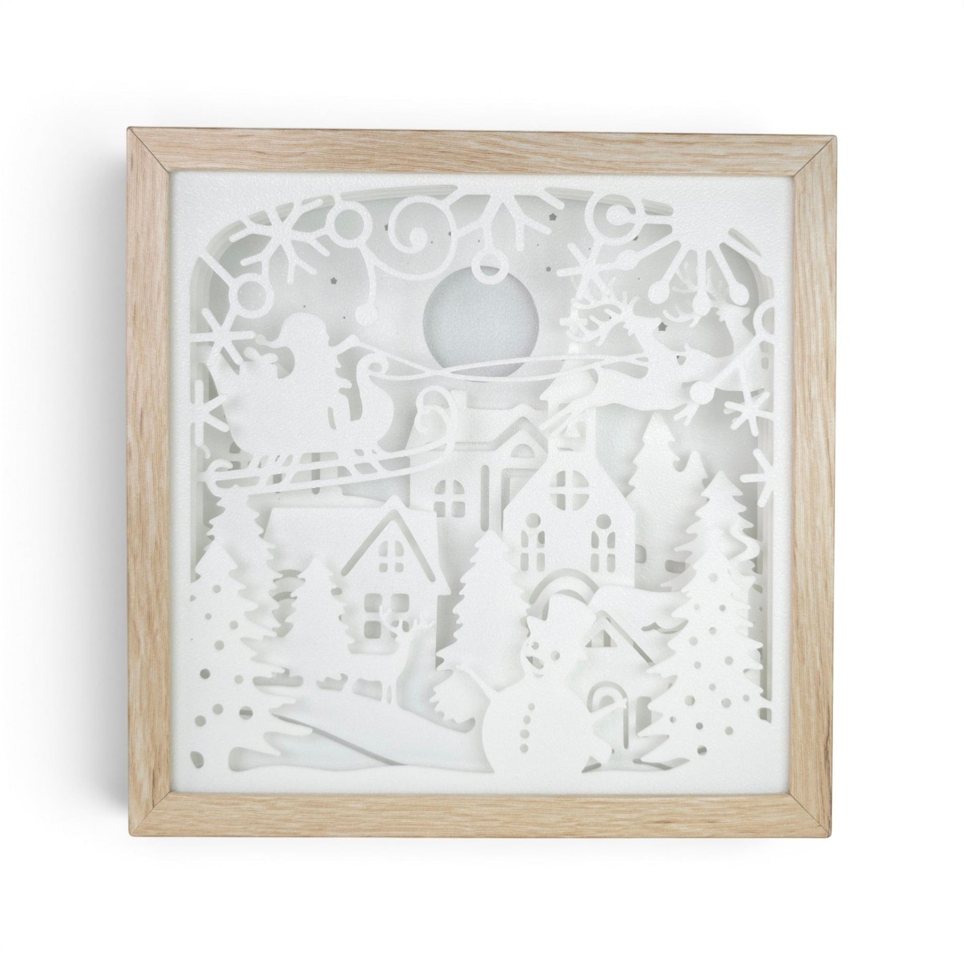 Christmas light box with Santa in sleigh, snowman, trees, and village scene. Direct front image.