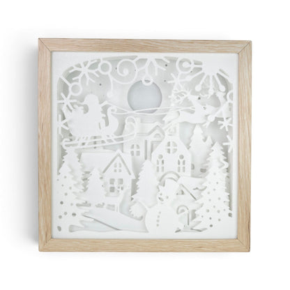 Christmas light box with Santa in sleigh, snowman, trees, and village scene. Direct front image.