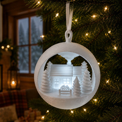 Illuminated white farmhouse ornament with evergreen trees and bench, PLA plastic, 120 characters.