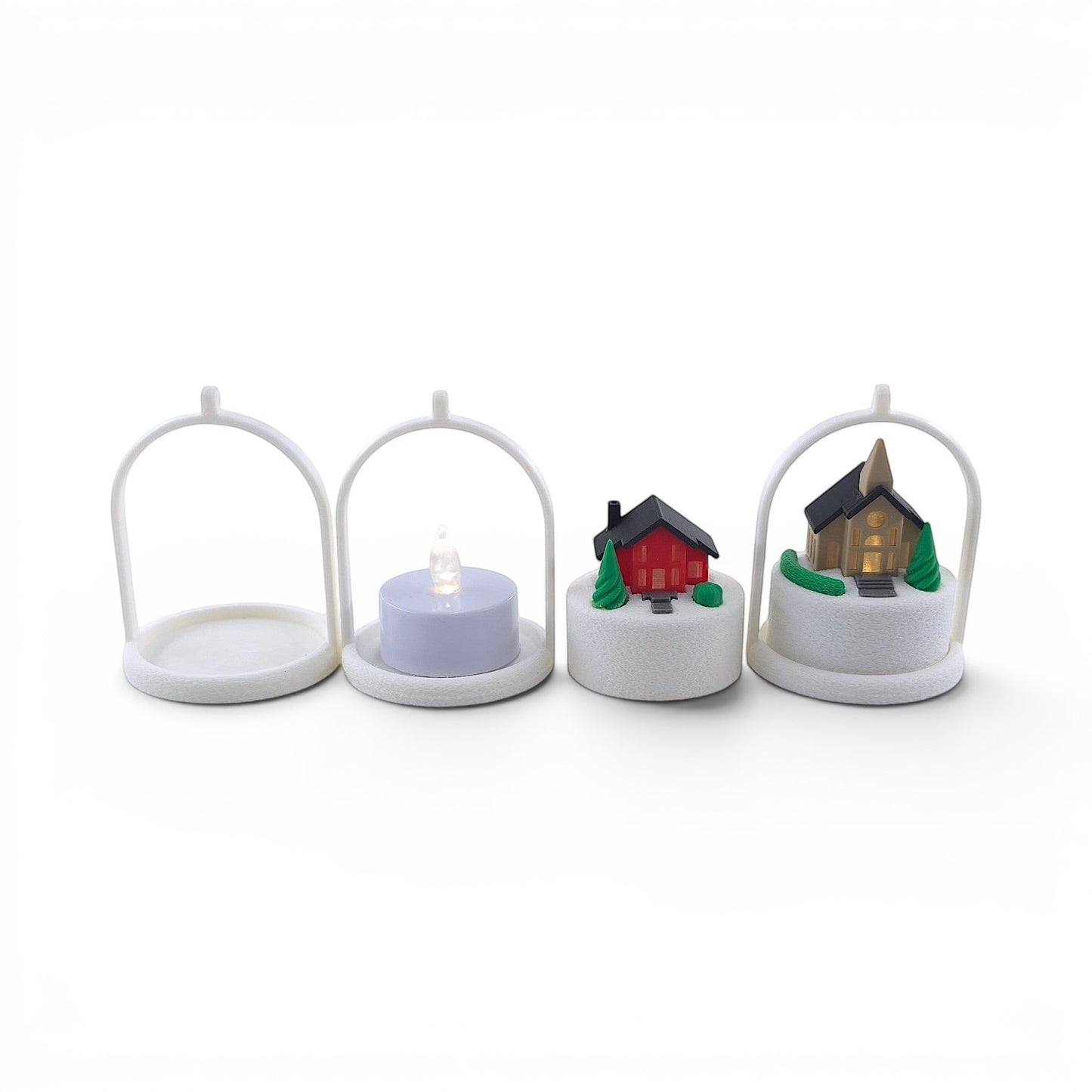 Miniature winter village ornaments with LED tea lights and arched frames for holiday decor. Front view of how to set up house with tree stand and tealight.