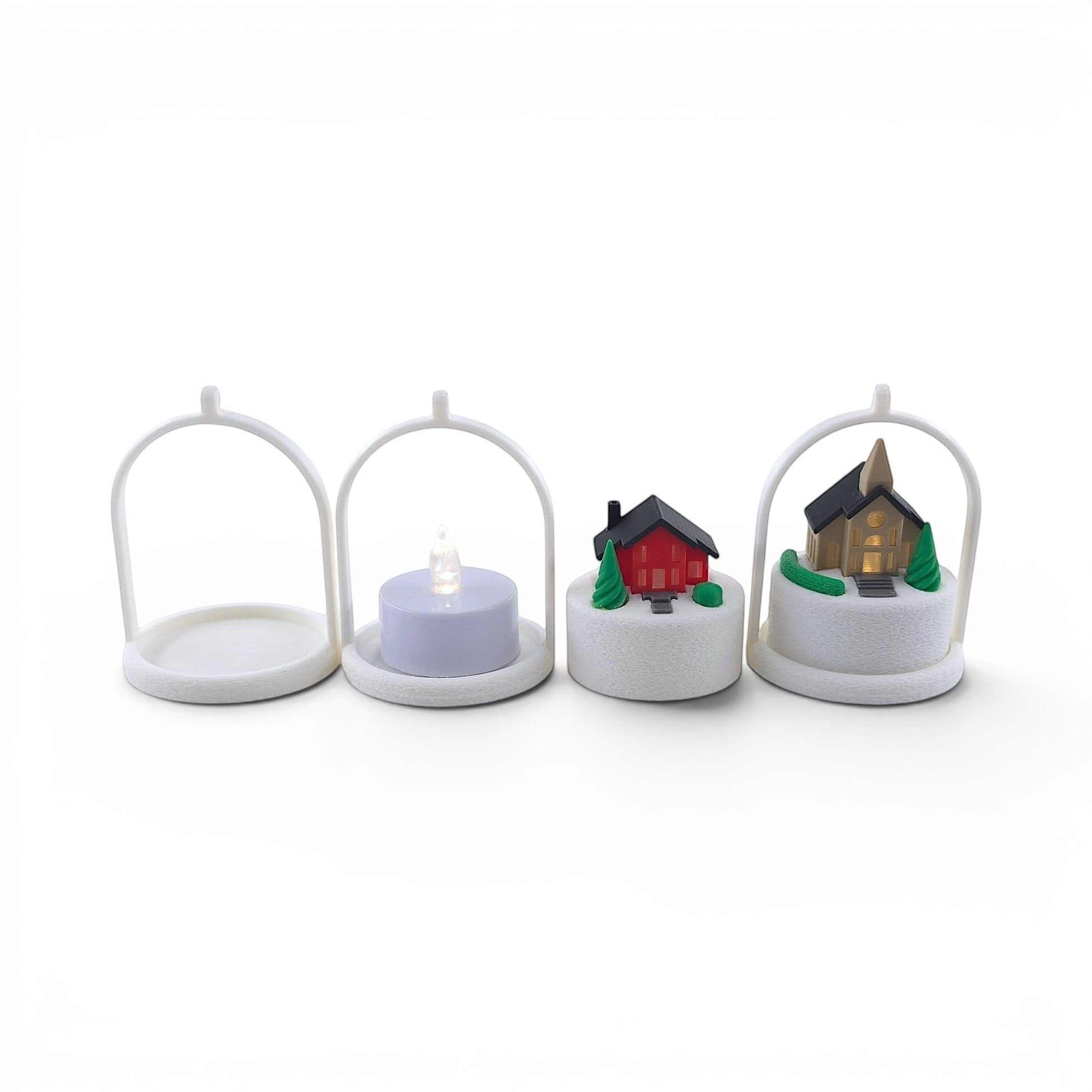 Miniature winter village ornaments with LED tea lights and arched frames for holiday decor. Front view of how to set up house with tree stand and tealight.