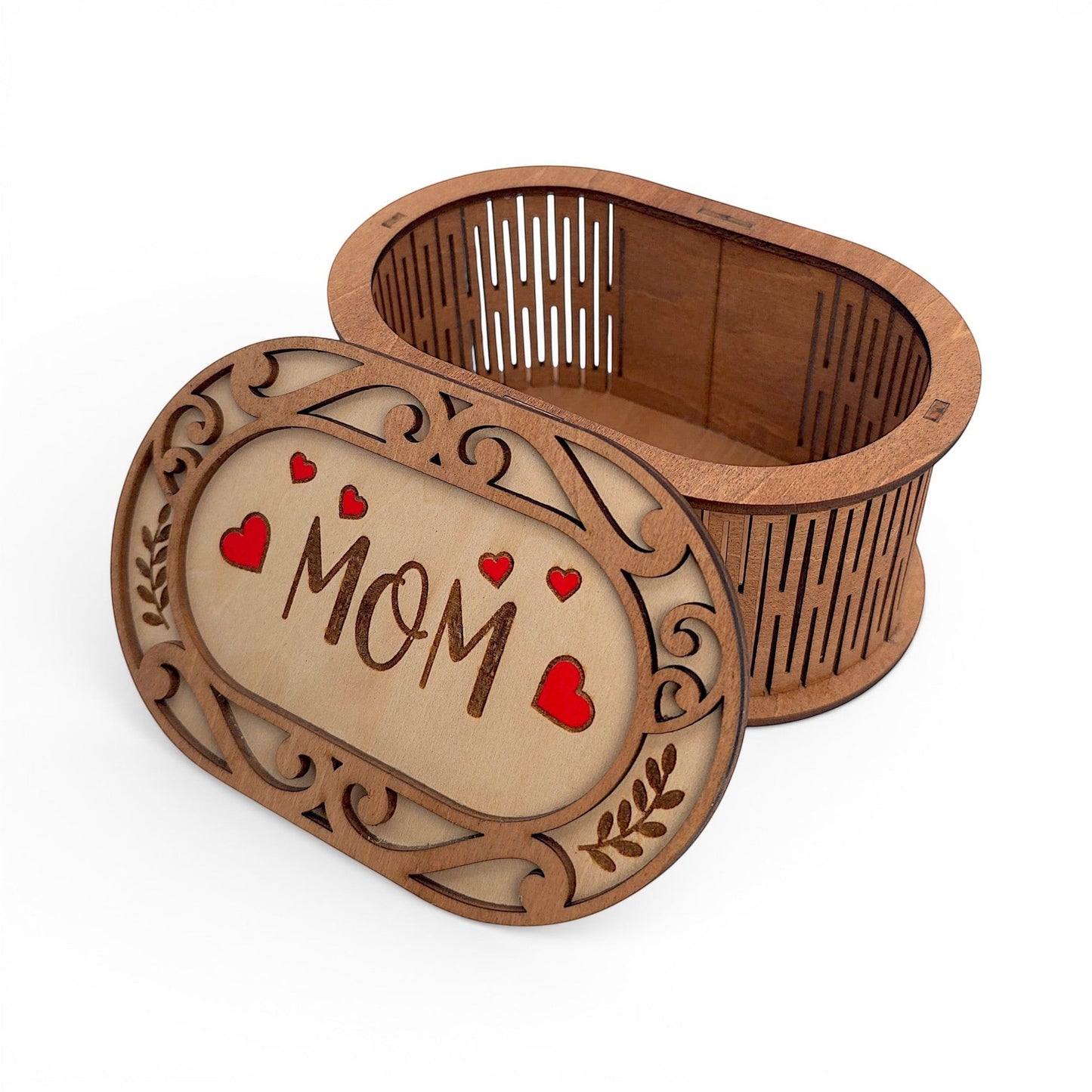 Oval wooden keepsake box with laser-cut scrollwork, red hearts, and MOM text for Mother's Day. Right side view of box, Lid is off & sitting in front to show the Mom design.
