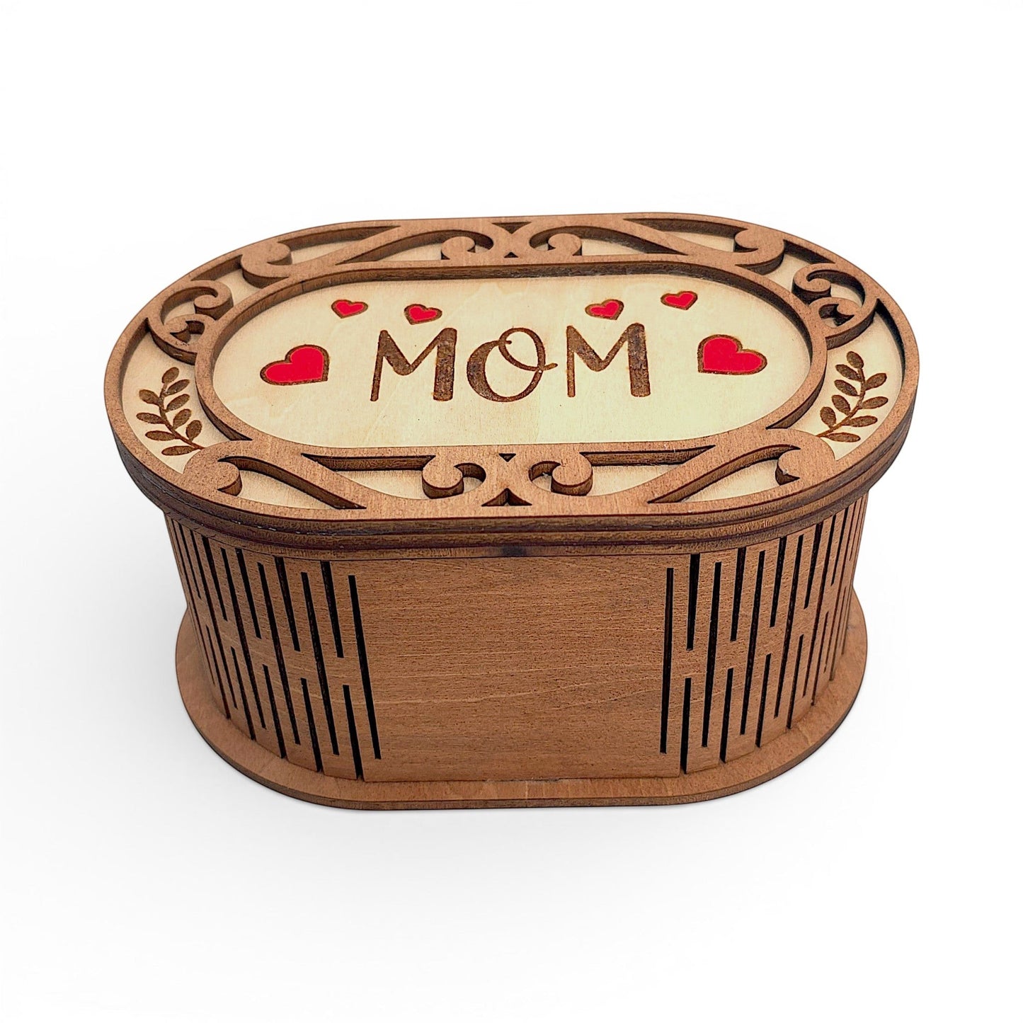 Oval wooden keepsake box with laser-cut scrollwork, red heart accents, and MOM text. Top view, showing Mom design.