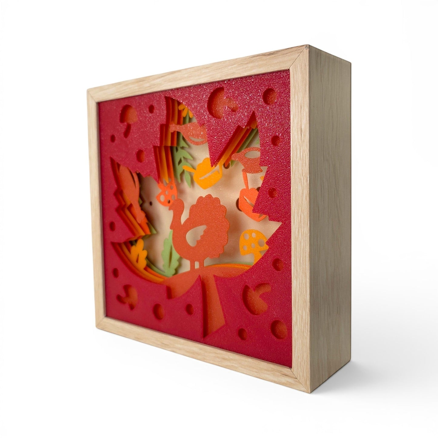 Thanksgiving Leaf Layered Lightbox with turkey, pumpkins, mushrooms, and fall foliage in a light faux-wood frame. Front right view of box with led light off.