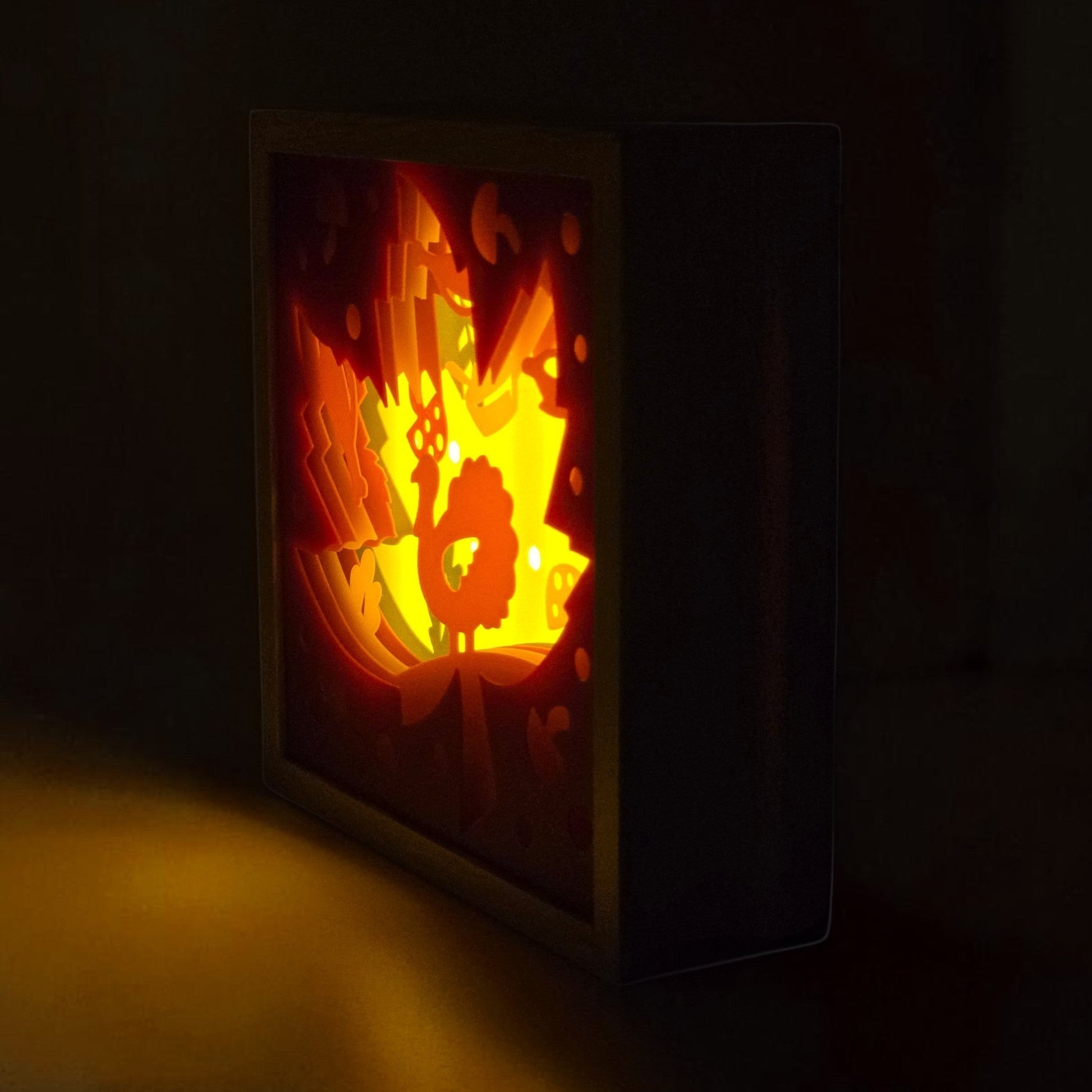 Thanksgiving Leaf Layered Lightbox with turkey, pumpkins, and mushrooms. Side right view with led light on with dark background.