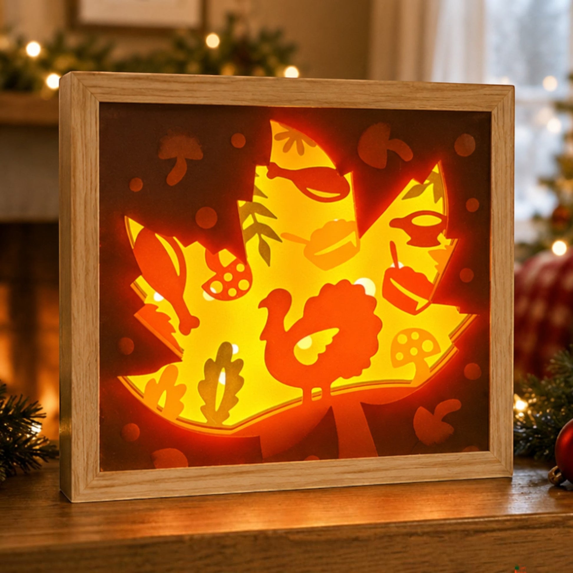 Thanksgiving Leaf Layered Lightbox with turkey, pumpkins, mushrooms, and fall foliage in a faux-wood frame.