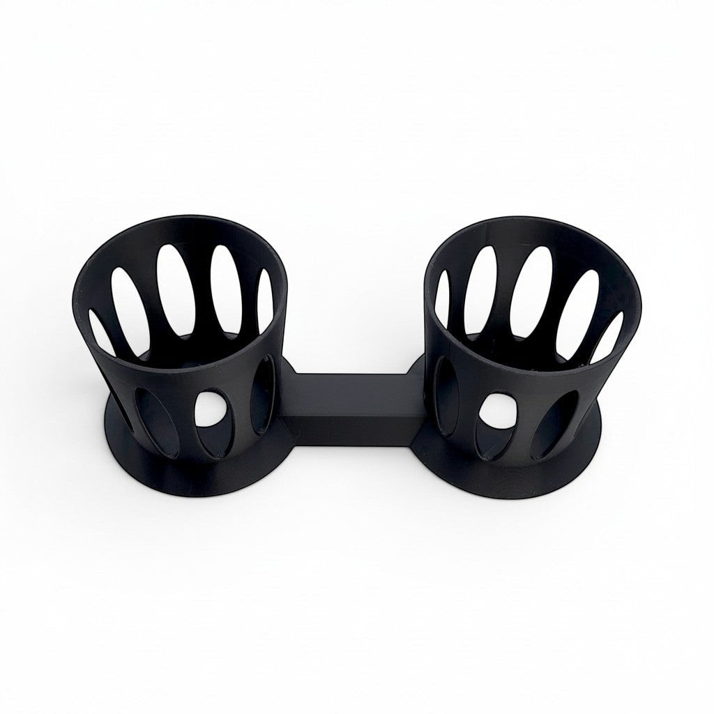 Divine Custom Works black PLA plastic dual cup holder with an open-vented design for stable drink mixing stations. Front.