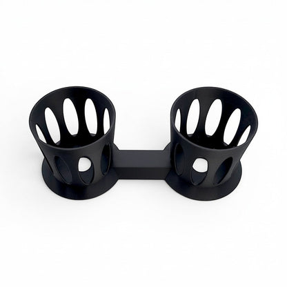 Divine Custom Works black PLA plastic dual cup holder with an open-vented design for stable drink mixing stations. Front.