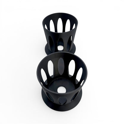 black dual cup holder made of lightweight PLA plastic with an open-vented design for mixing. Left Side.