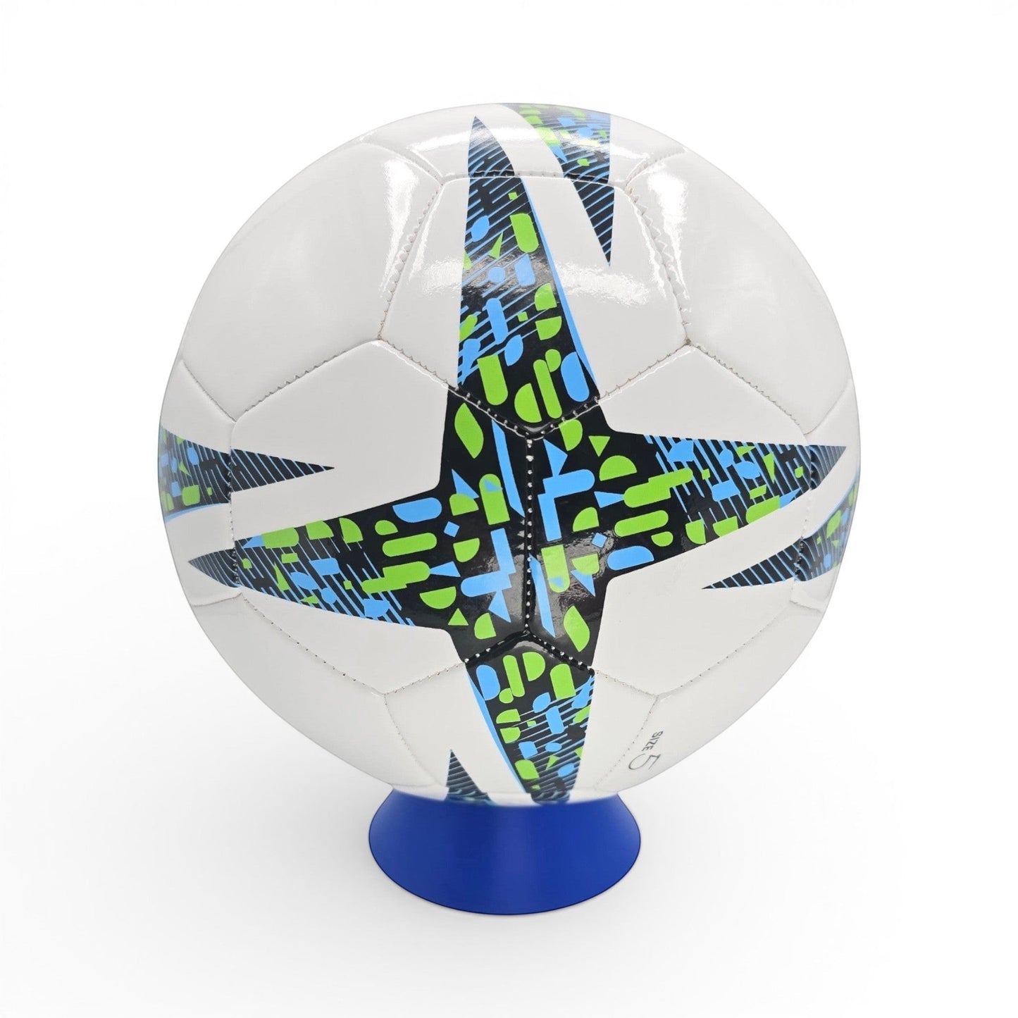blue PLA plastic stand holding a white soccer ball with blue and green geometric star patterns. Front view of stand holding a size 5 soccer ball.