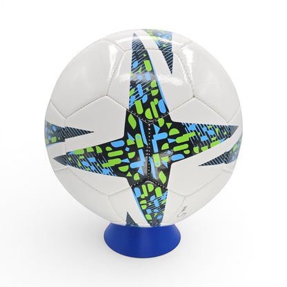 blue PLA plastic stand holding a white soccer ball with blue and green geometric star patterns. Front view of stand holding a size 5 soccer ball.