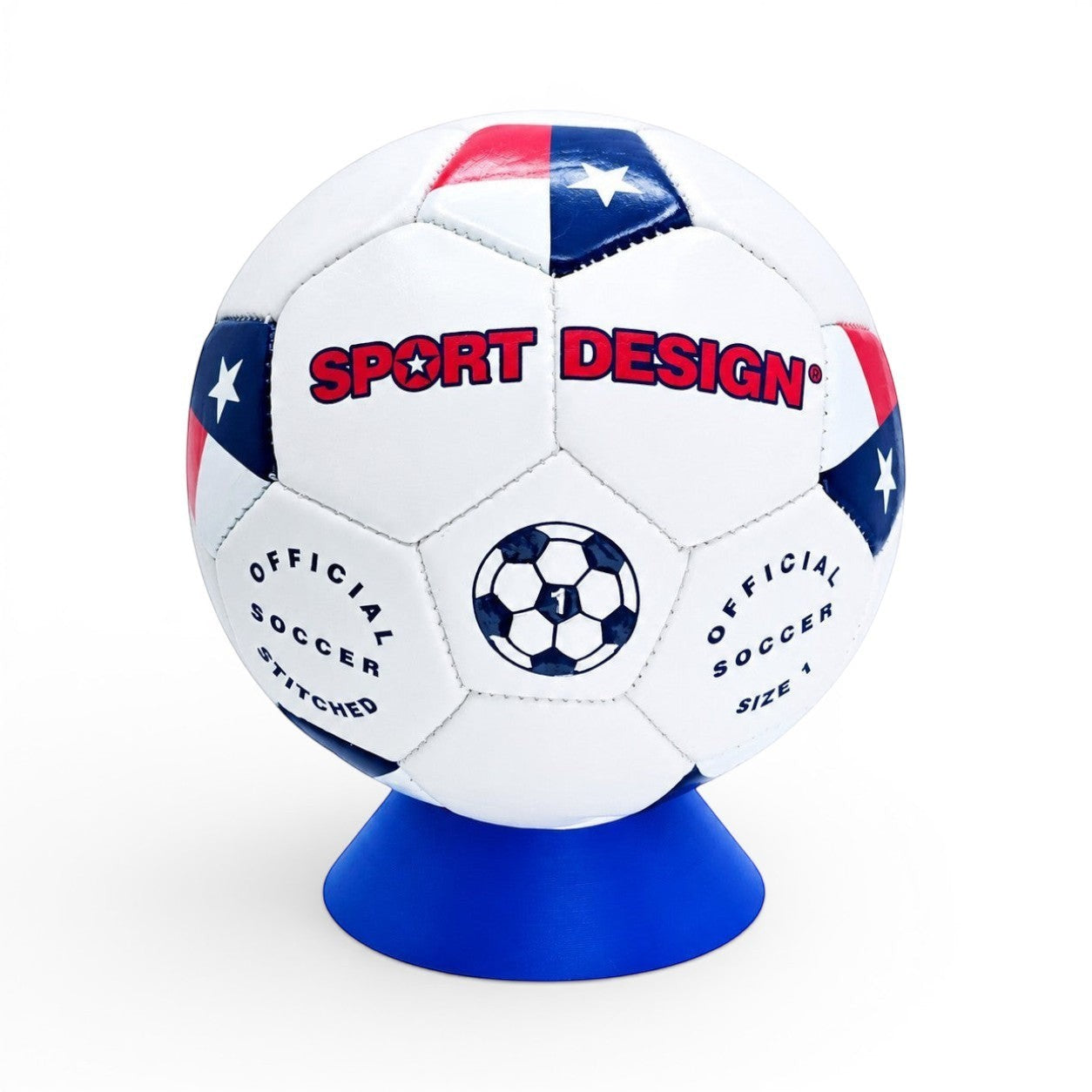 blue PLA plastic sports ball stand holding a white soccer ball with red and blue star accents. Front of stand holding a size 1 soccer ball.