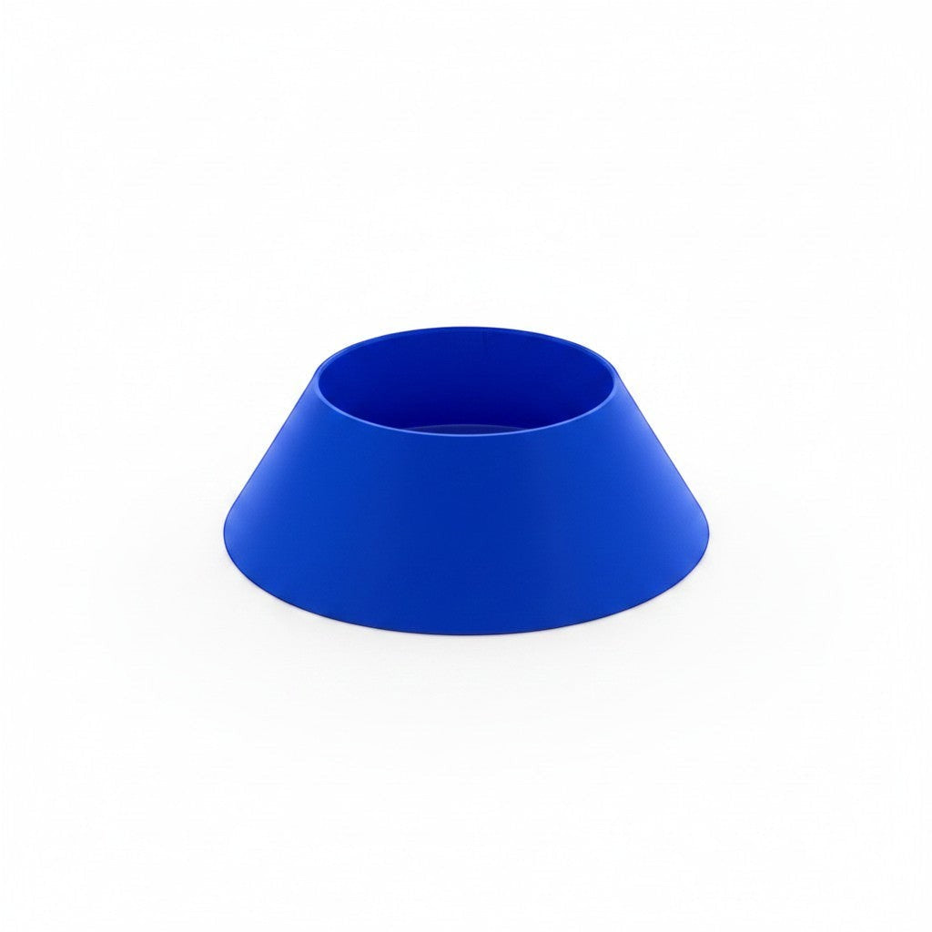 Blue PLA plastic sports ball display stand for soccer, basketball, or volleyball on white background