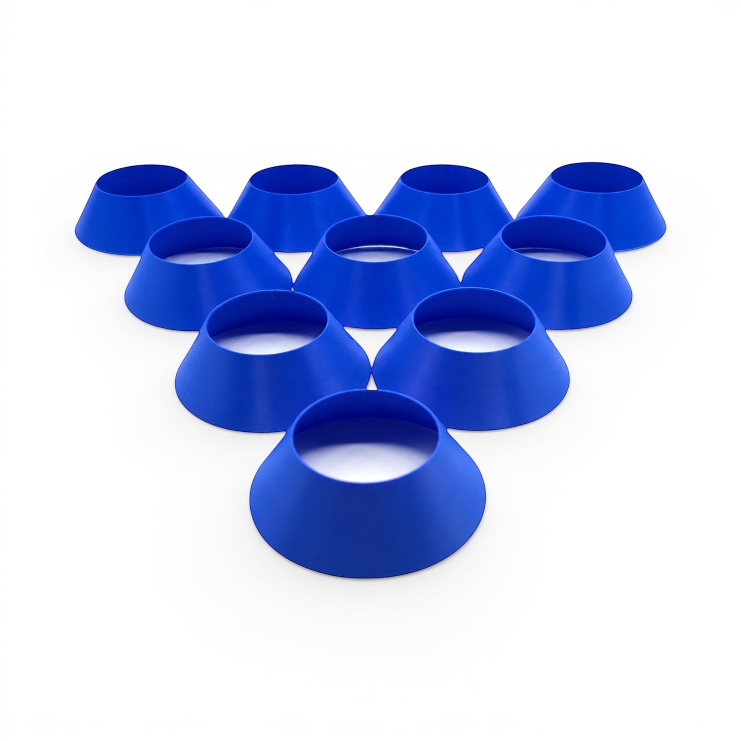 blue PLA plastic sports ball stands arranged in a triangle for displaying soccer or basketballs. Front view of ten stands.