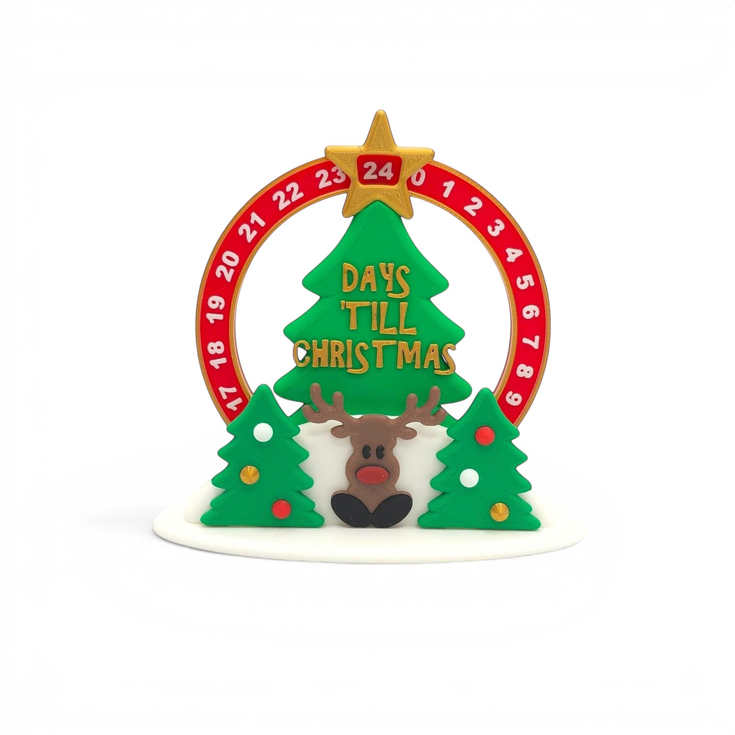Christmas advent rotating calendar with reindeer and trees. Numbers 0-24 track days till Christmas.