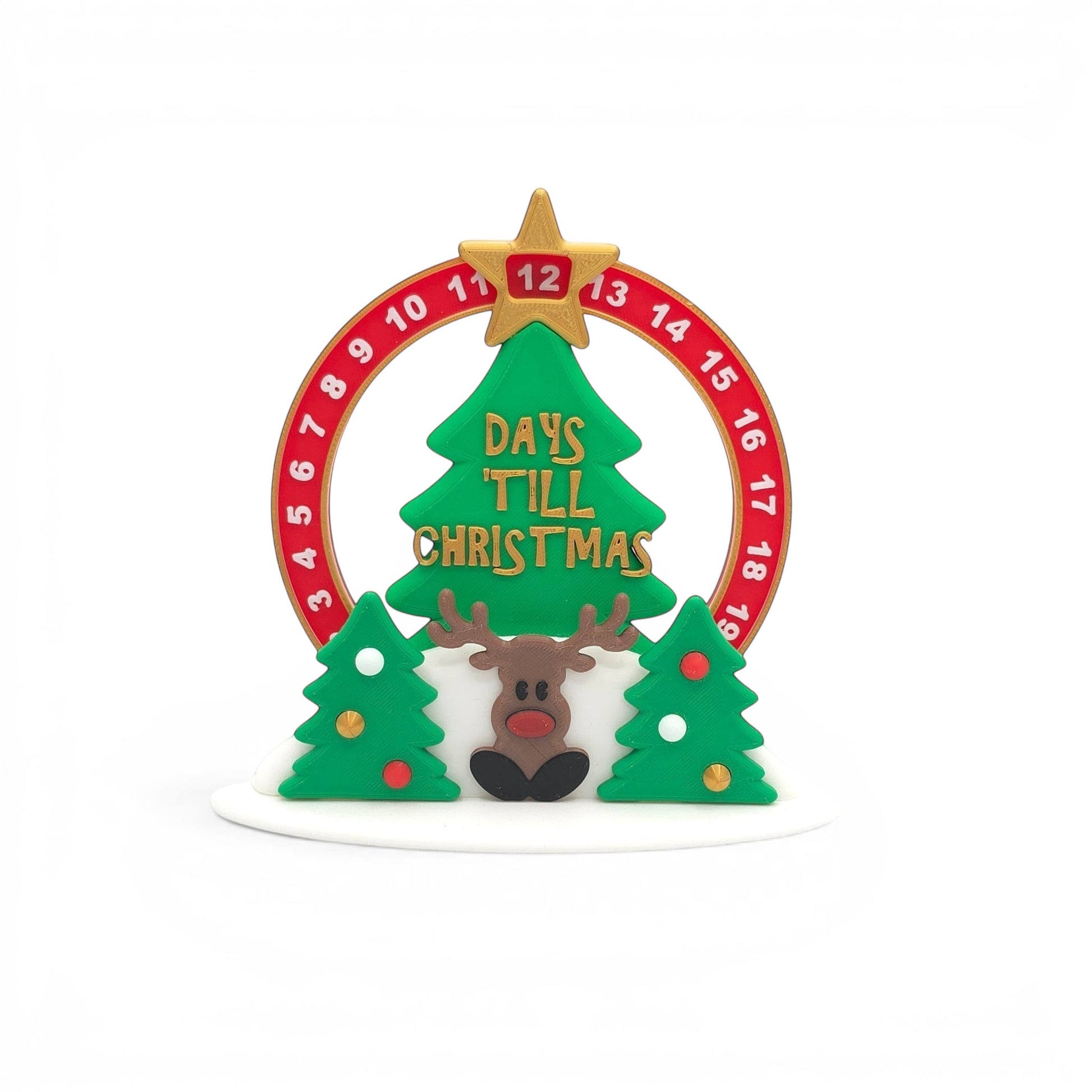 Christmas advent rotating calendar with reindeer and trees. Numbers 0-24 on a ring.
