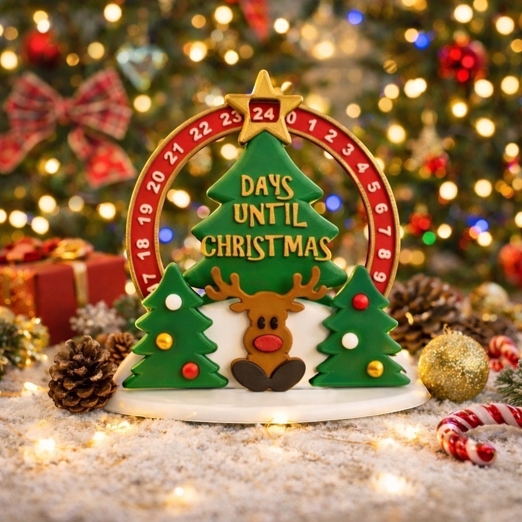 Christmas advent rotating calendar with reindeer and trees, countdowns days until Christmas.