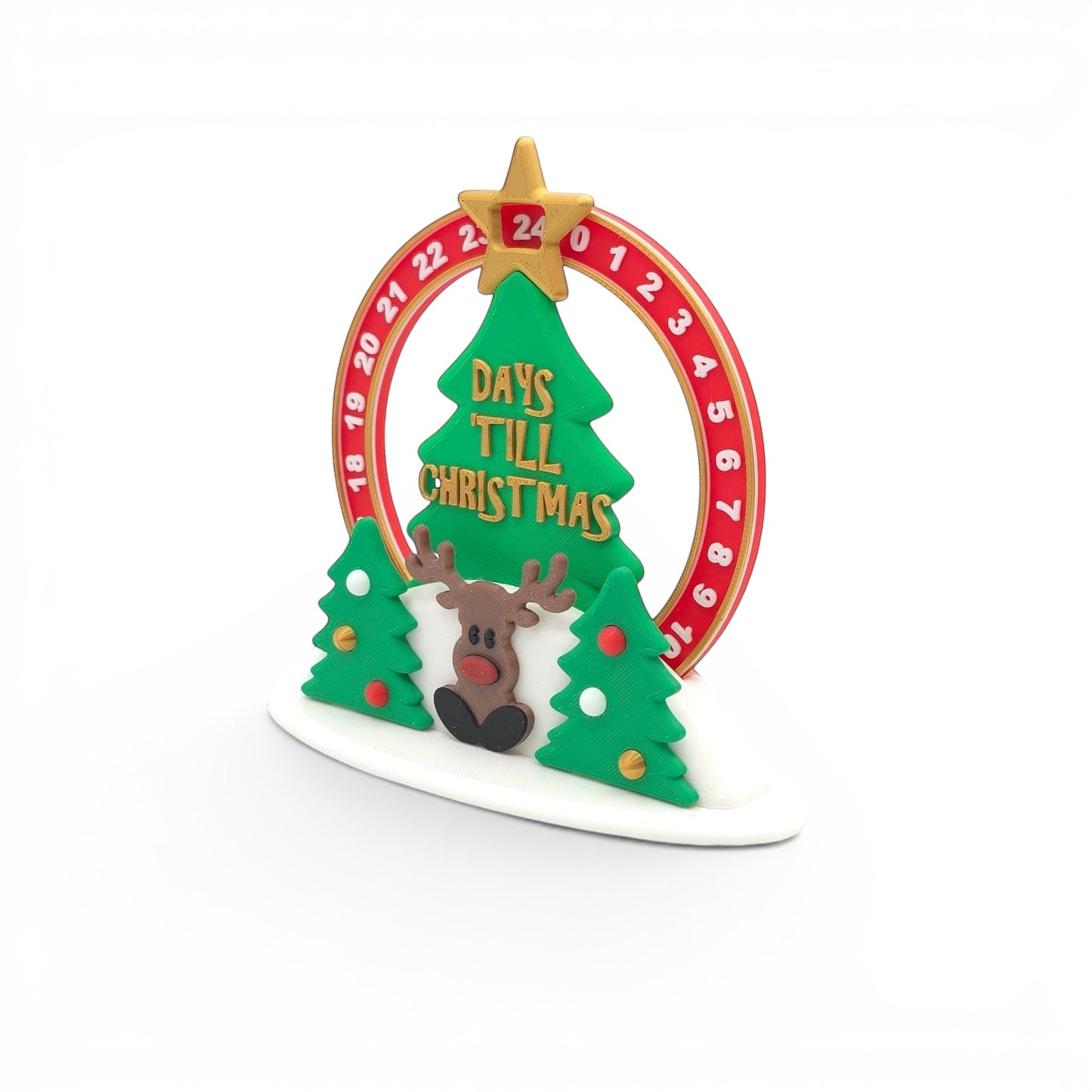 Christmas advent rotating calendar with reindeer and trees. Numbers 0-24 on a red ring.