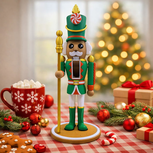 Festive Nutcracker Decoration in green uniform with gold accents and candy cane hat.