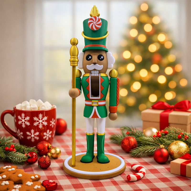 Festive Nutcracker Decoration in green uniform with gold accents and candy cane hat.