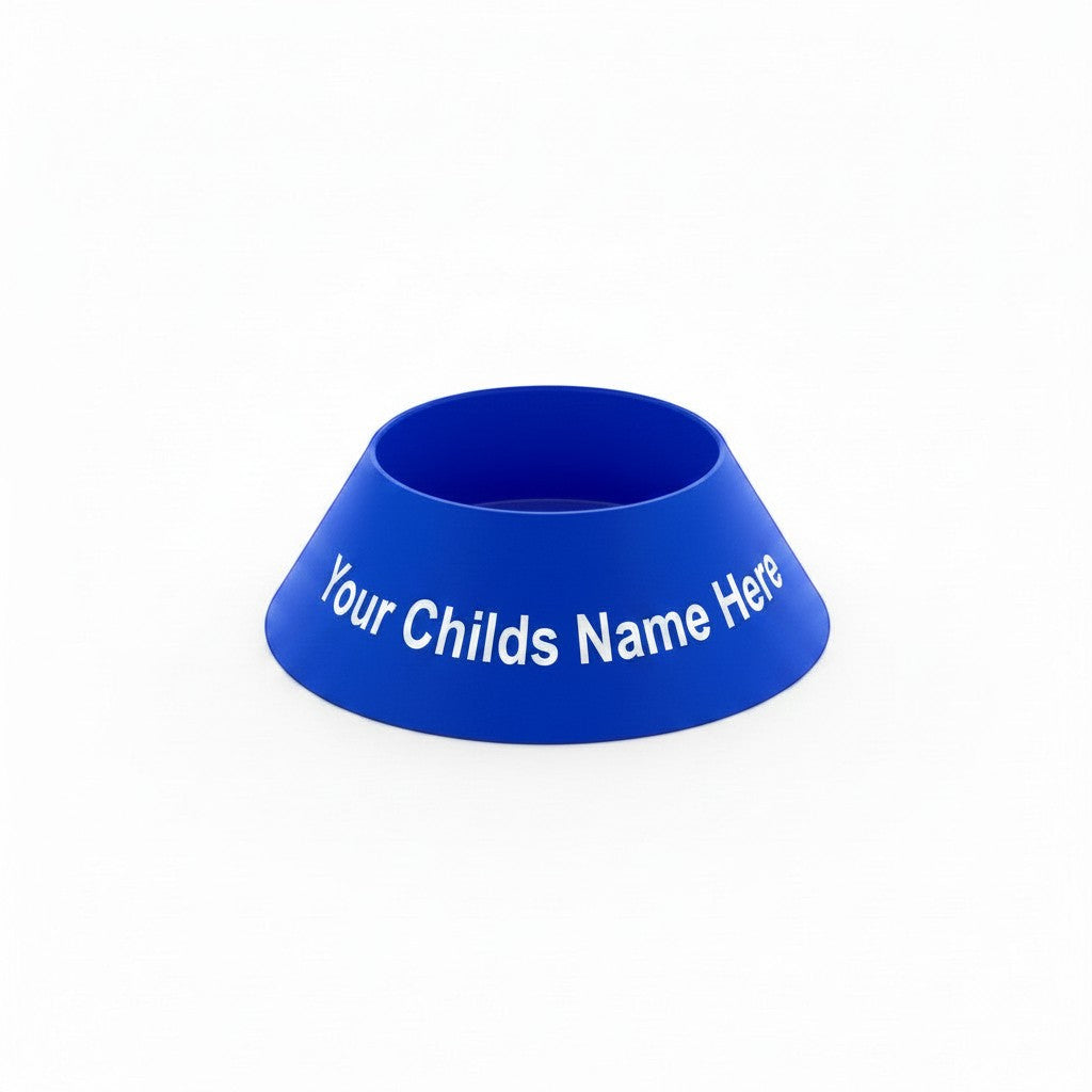 Divine Custom Works blue PLA plastic sports ball display stand with customizable name for trophies or banquets.