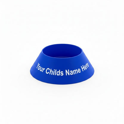Divine Custom Works blue PLA plastic sports ball display stand with customizable name for trophies or banquets.