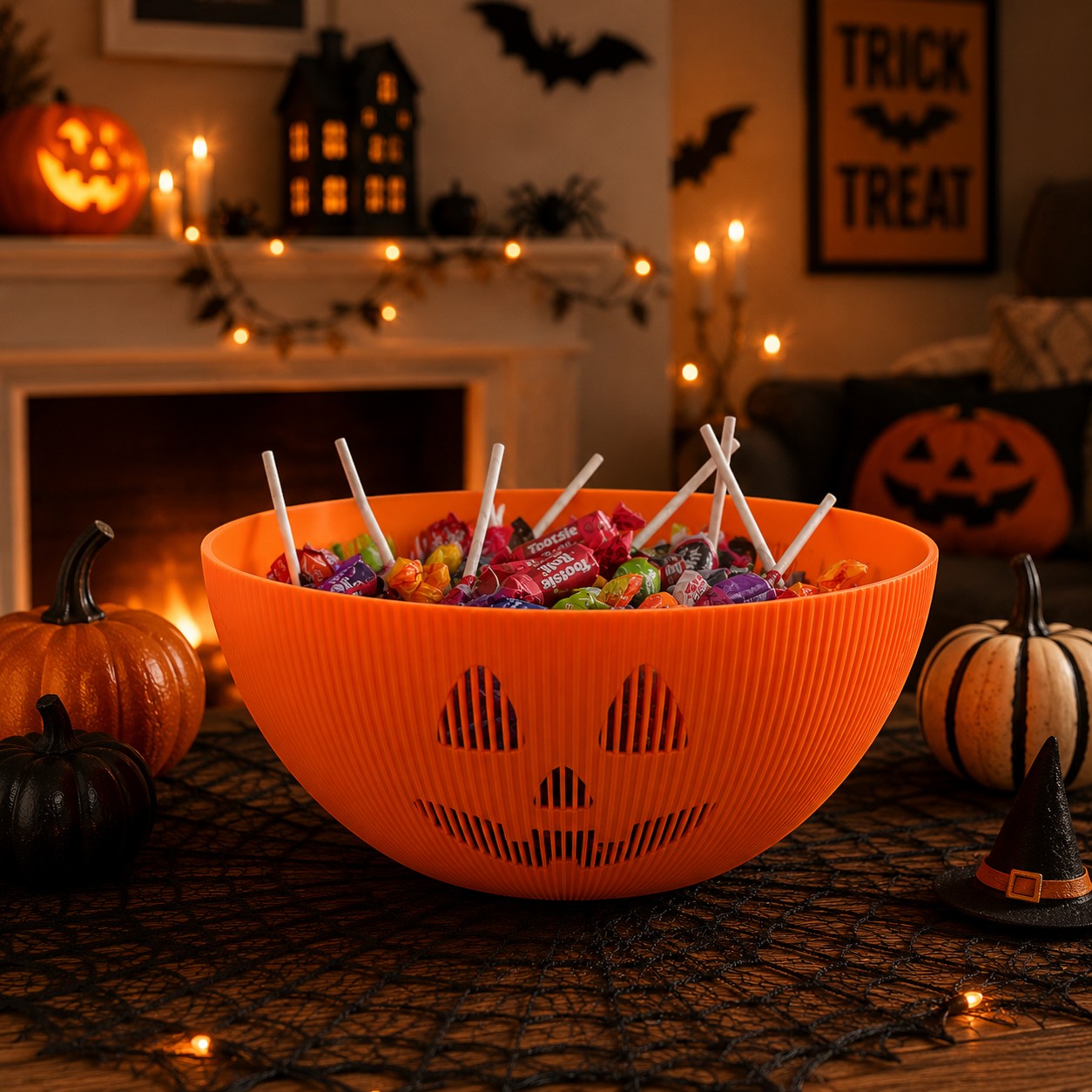 Divine Custom Works orange jack-o'-lantern candy bowl with carved face, filled with assorted Halloween candies.