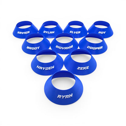 Divine Custom Works blue PLA plastic sports ball stands with personalized white names for banquets and displays.