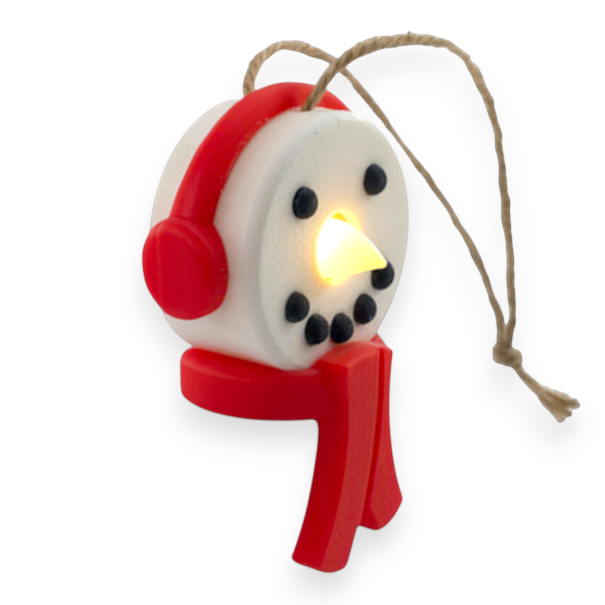 Divine Custom Works snowman tea light ornament with red headphones and scarf, featuring a glowing LED nose