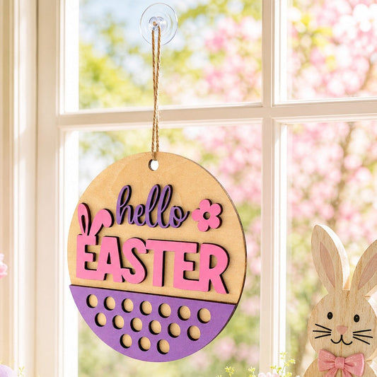Round Easter Hanging Wood Sign with pink and purple "hello EASTER" text, bunny ears, and floral accent.