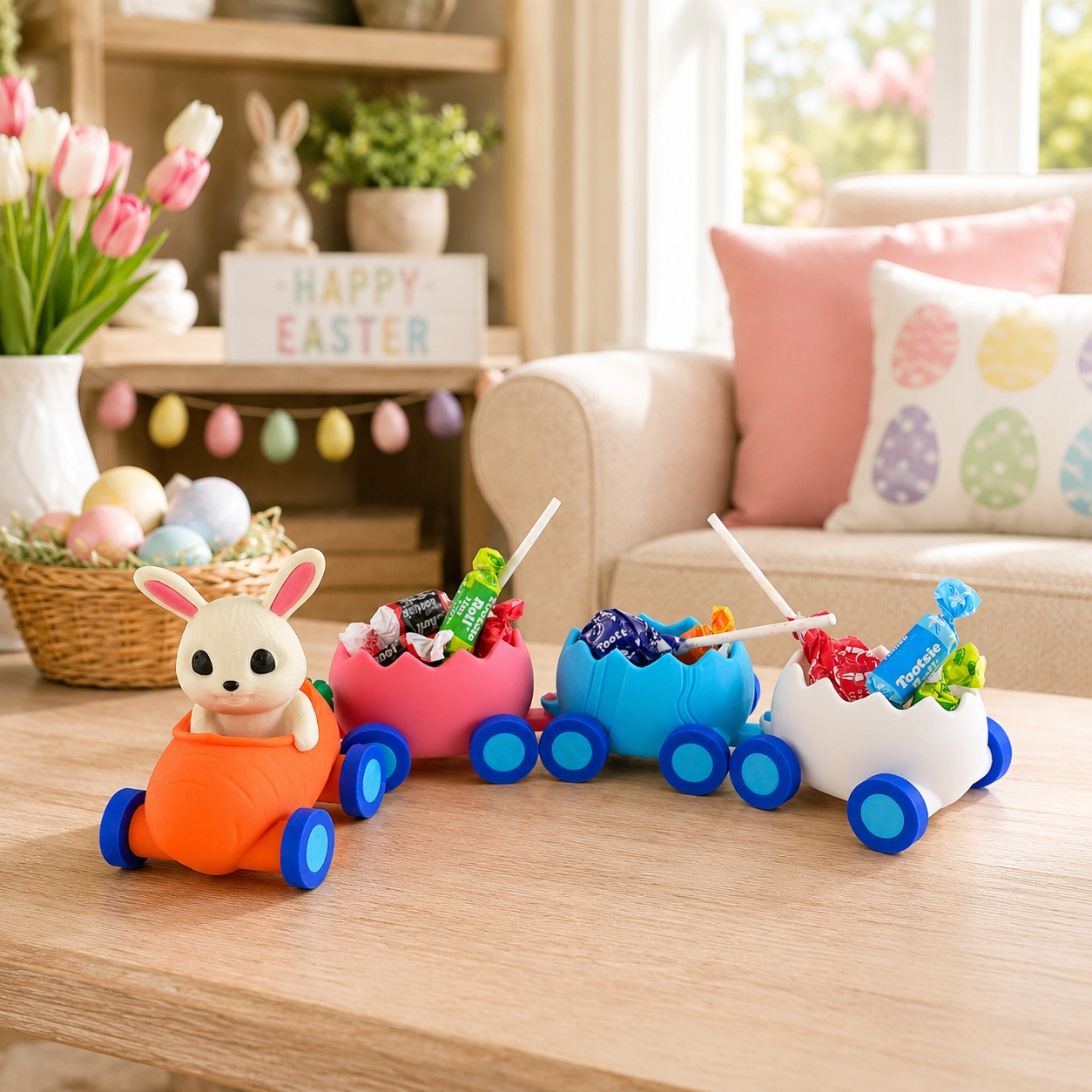 Easter Train Candy Holder with bunny in carrot engine, pink, blue, white egg carriages filled with candy.