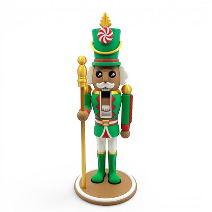 Festive Nutcracker Decoration in green uniform with gold accents, holding a staff with mouth open. Features candy cane hat detail.