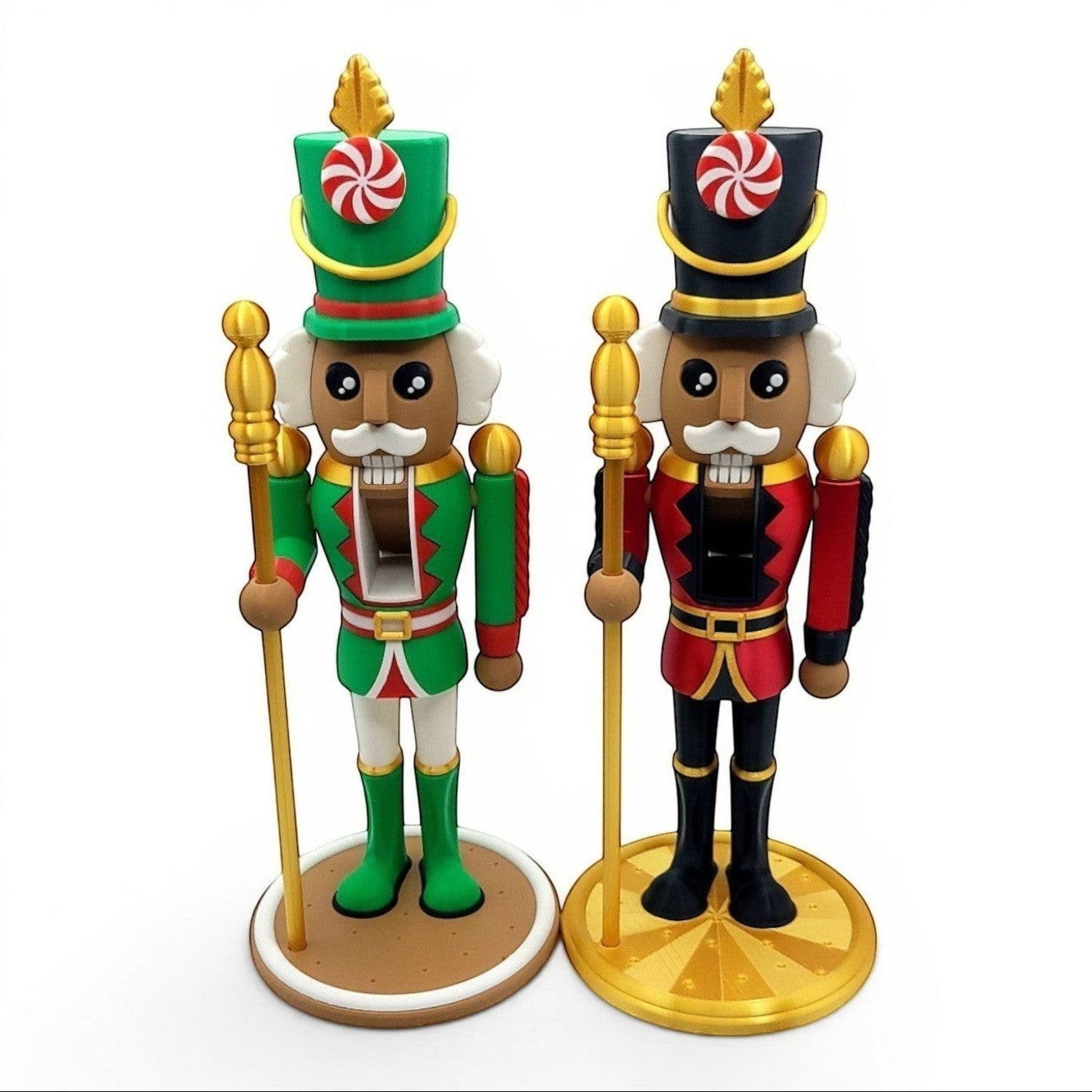 Festive Nutcracker Decorations in green and red uniforms with gold accents and candy cane hats.
