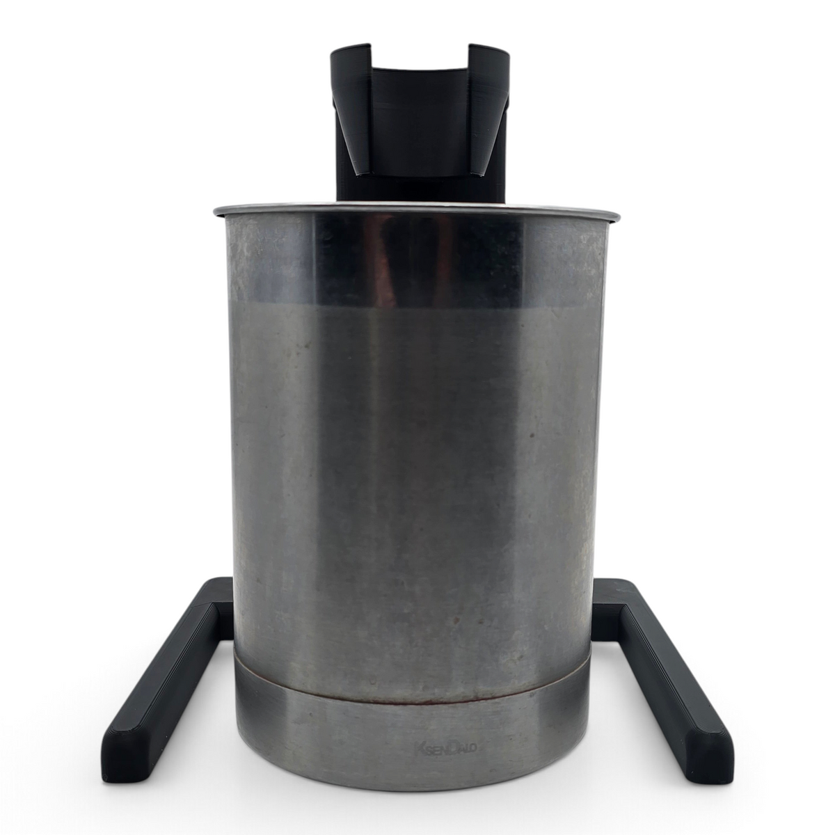 front of black immersion blender stand with a stainless steel canister for organized kitchen storage