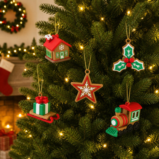 gingerbread Christmas ornaments including a house, star, holly, gift on sled, and train on a tree. All five ornaments are on a tree with a christmas background
