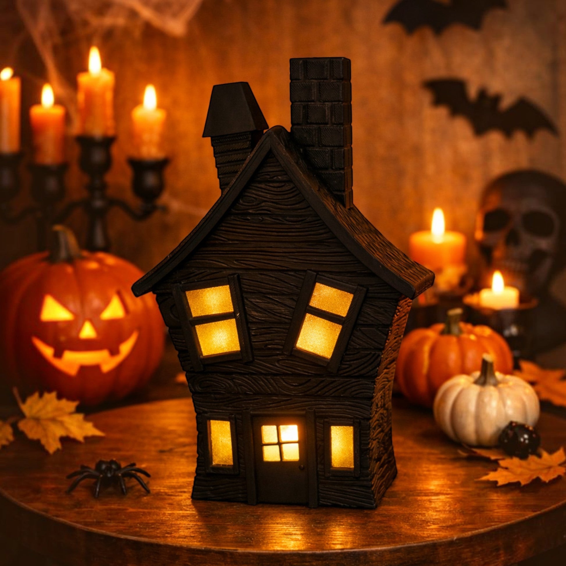 Black flickering haunted house decoration with illuminated windows, textured wood finish, and crooked chimney.