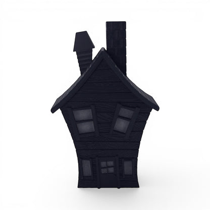 Black PLA flickering haunted house decoration with textured wood grain and window details. Front of house.