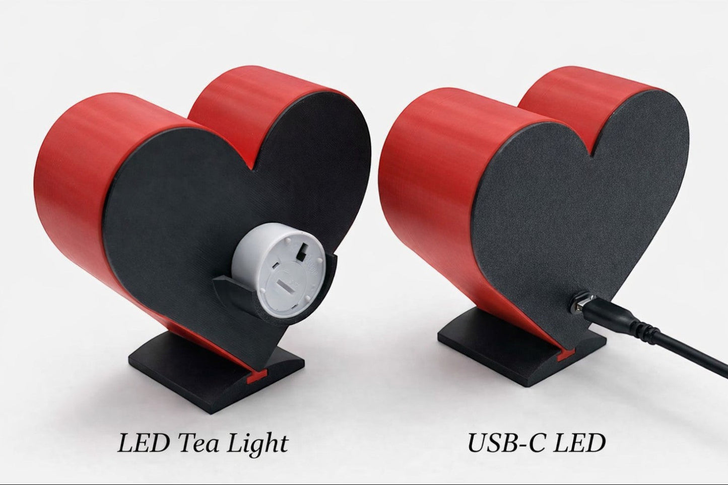 red and black heart-shaped light box with LED Tea light and USB-C LED power option.
