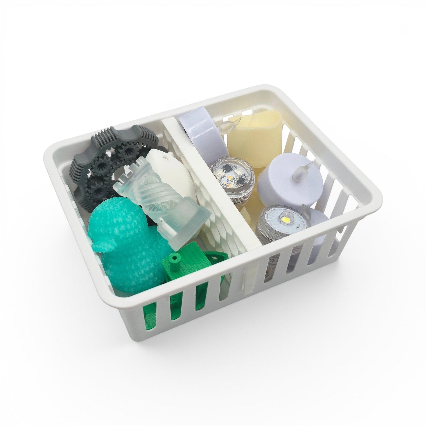 white honeycomb storage basket dividers organizing various small craft items and LED lights. Top view of basket filled with one divider.